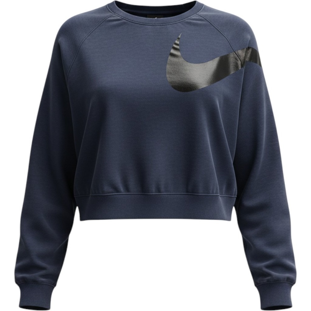 Nike Dri-FIT Women Navy Blue Sporty Cropped Sweatshirt Big Swoosh Logo Medium